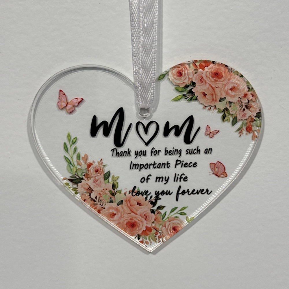 Mom Gift Ornament Heart With Roses, Acrylic, Clear